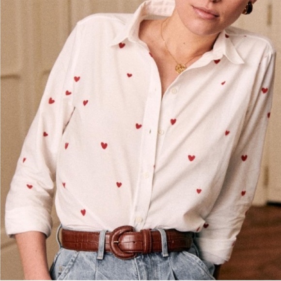 Sezane Tops - Sézane RARE Pierro Shirt in Red Embroidered Hearts Size 40/US 8